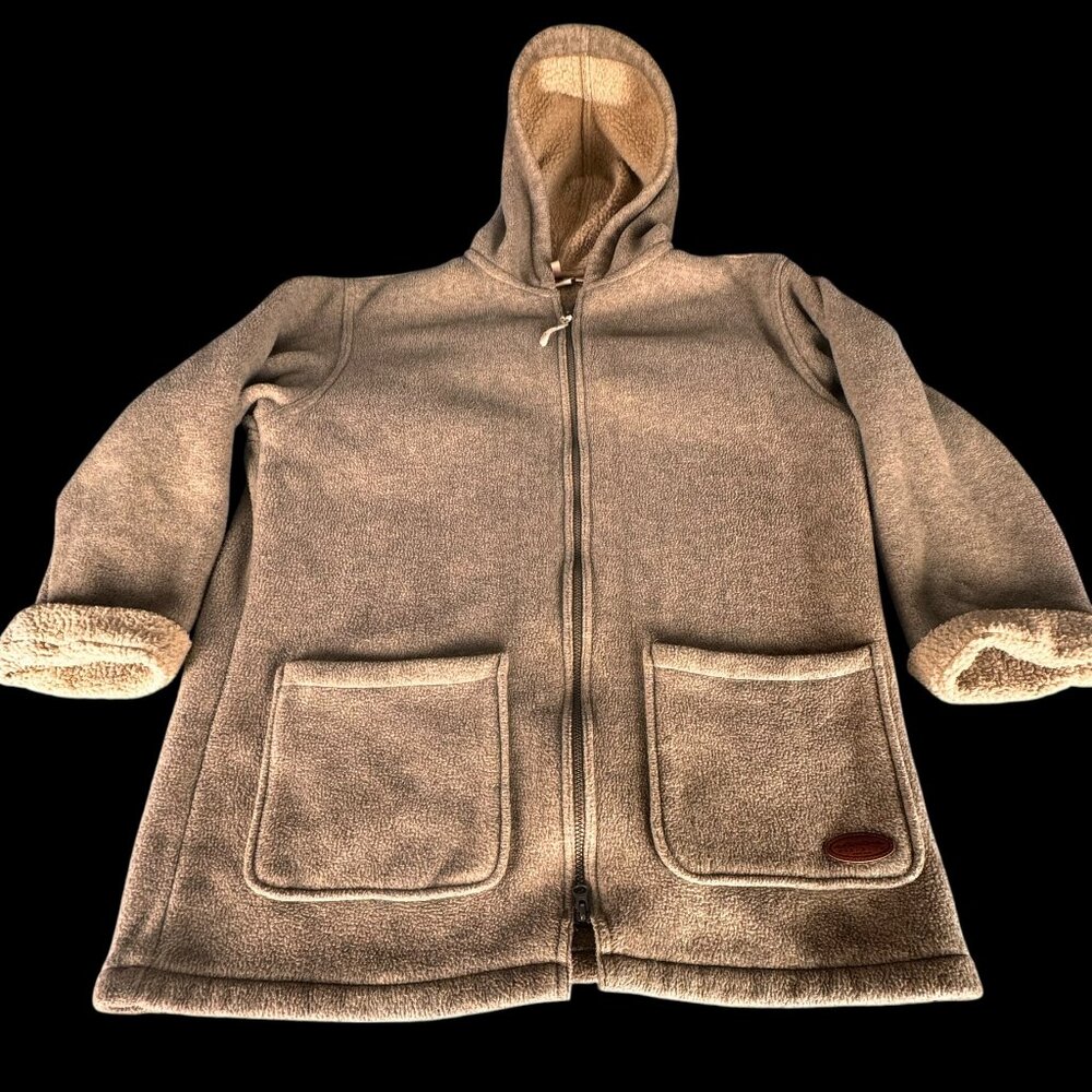 Vintage Woolrich Women's Tan Sherpa Lined Fleece Full Zip Hooded Jacket Coat USA